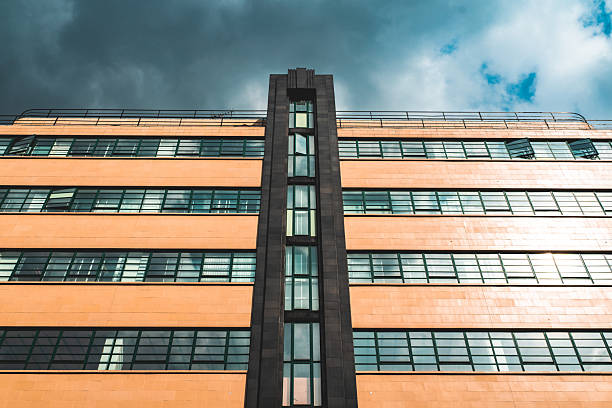 London art deco architecture featuring a central vertical element and many windows