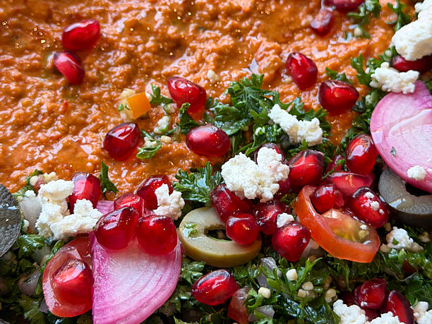 Full frame image of Lebanese meza, Muhammara (roasted red pepper walnut dip), pomegranate seeds, parsley, feta cheese, black and green olives, cherry tomato, pickled onion, elevated focus on foreground