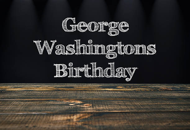 A creative representation of George Washington's birthday celebration, featuring bold typography against a dark backdrop.