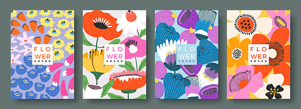 Colorful background set of abstract flowers and leaves. Modern template with simple different decorative exotic plants. Minimalist trendy design for print, cover, poster, banner, social media