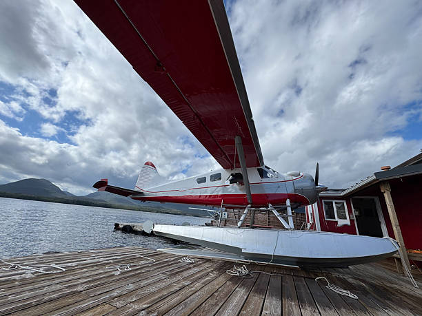 Red and White Seaplane Docked on Wooden Pier with Propeller and Scenic Lake Mountain Background