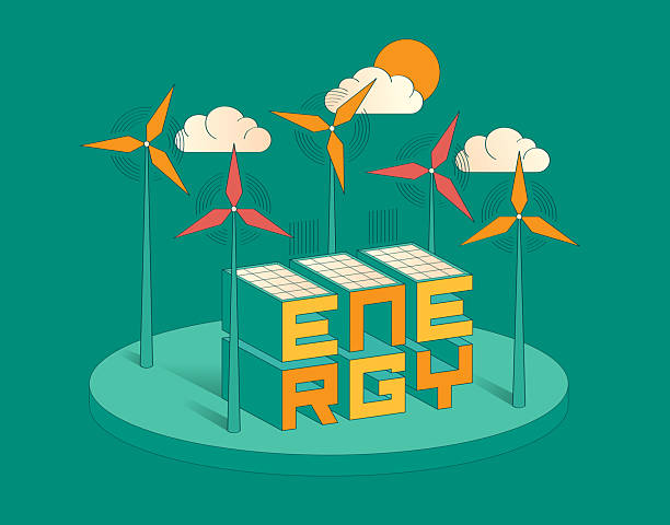 Isometric renewable energy in green background. Colored art. Clean energy. Sustainability. Wind power and Solar energy. Vector illustration.