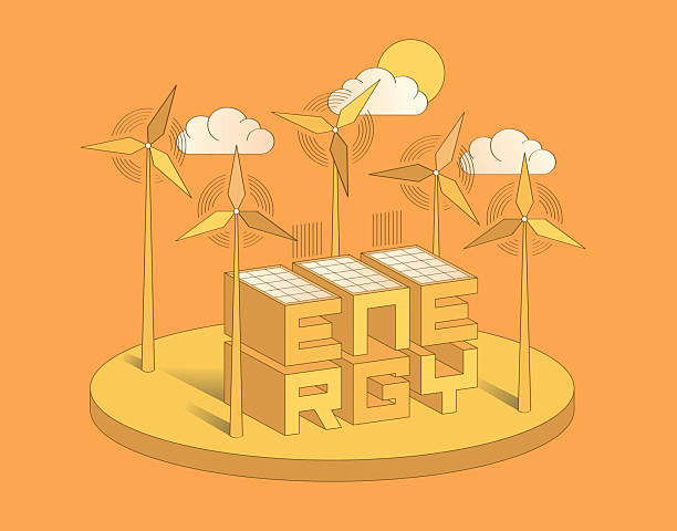 Isometric renewable energy in yellow background. Clean energy. Sustainability. Wind power and Solar energy. Vector illustration.