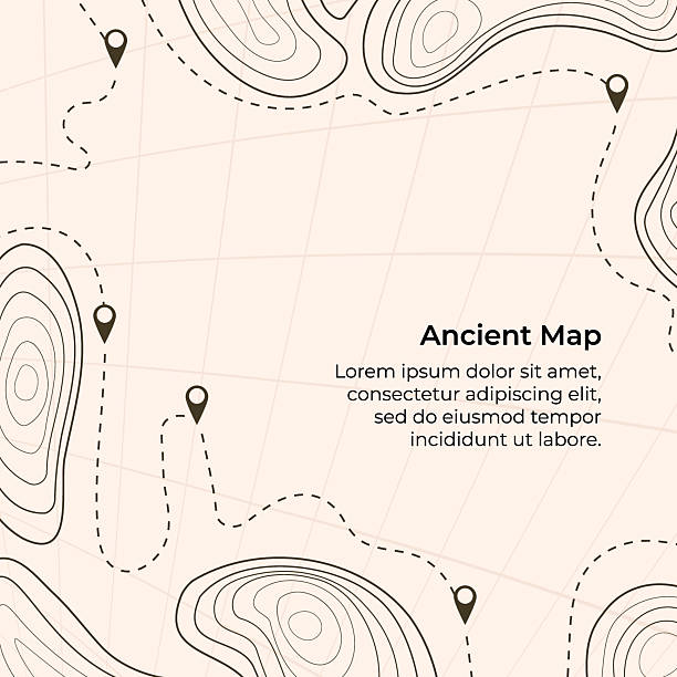 Vector illustration. Topographic map templates. Contour lines, dotted paths, and pin icons on a perspective grid background. Minimalist vintage design for social media background, web banner