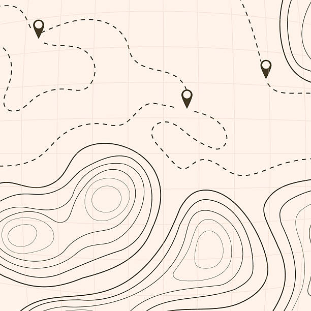 Vector illustration. Topographic map templates. Contour lines, dotted paths, and pin icons on a perspective grid background. Minimalist vintage design for social media background, web banner
