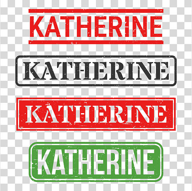 Katherine - Female first name. Grunge rubber stamps for your own design, isolated on a transparent background. Four trendy stamps with a slight grunge texture, in different styles and ink colors. The first stamp is in red ink with lines above and below the text. The second stamp is in black ink with the text framed. The third stamp is in red ink with the text transparent. The fourth stamp is in green ink with the text transparent. Vector Illustration (EPS file, well layered and grouped). Easy to edit, manipulate, resize or colorize. Vector and Jpeg file of different sizes.
