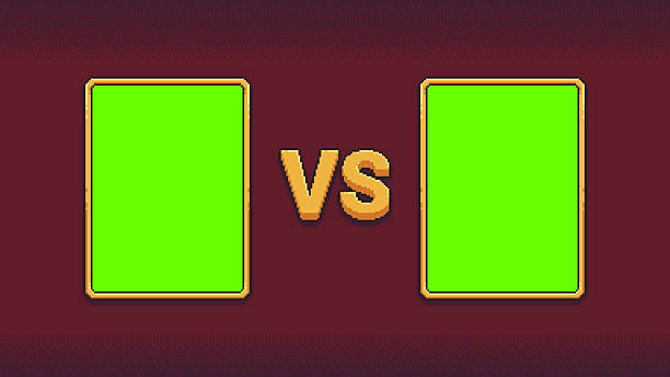 Two pixel art frames with VS text and green screen areas. Retro competitive layout for game interface design, vector illustration.