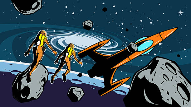 A retro style vector illustration of two astronauts floating in outer space, with asteroids, rocket ship, planet surface, and stars in the background. Wide space available for your copy. Human drawn, no generative AI was used.