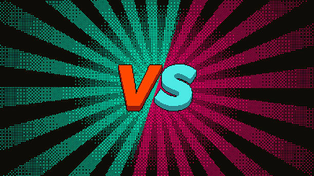 Pixel art versus screen with bold VS text and split radial rays background. High contrast gaming style composition for competitive concept, vector illustration.