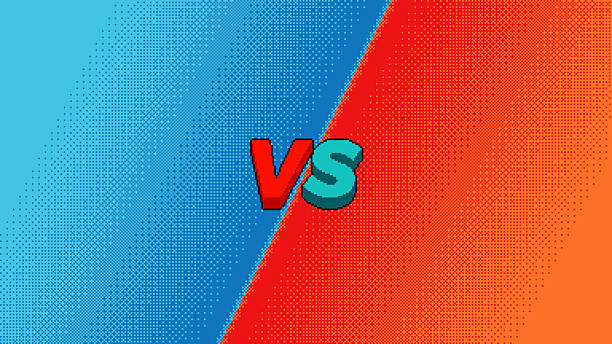 Pixel art VS letters on red and blue background with dithering gradient. Retro gaming style competitive composition, vector illustration.