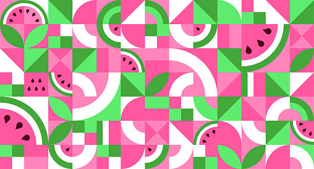 Seamless geometric pattern with watermelon in Bauhaus style. Texture of simple repeating shapes, mosaic of squares and triangles. Vector illustration for background, wallpaper.