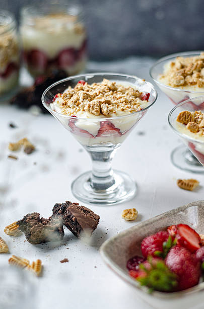 Strawberry magnolia dessert in bakery products. Magnolia dessert on blue and white background. Close up stock photo