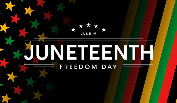 Juneteenth Freedom Day poster, USA flag background, text Juneteenth poster with USA flag background, yellow, red and green American flag border, Freedom Day card design template with stars and stripes border, US June 19 Emancipation Day banner juneteenth stock illustrations