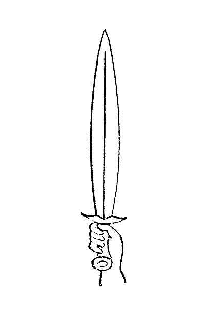 Xiphos, the classic ancient Greek short sword, showing a hand gripping the simple hilt with the distinctive leaf-shaped blade extending forward, rendered in clean 19th-century engraving style against a plain background, old vintage illustration, 1897.
