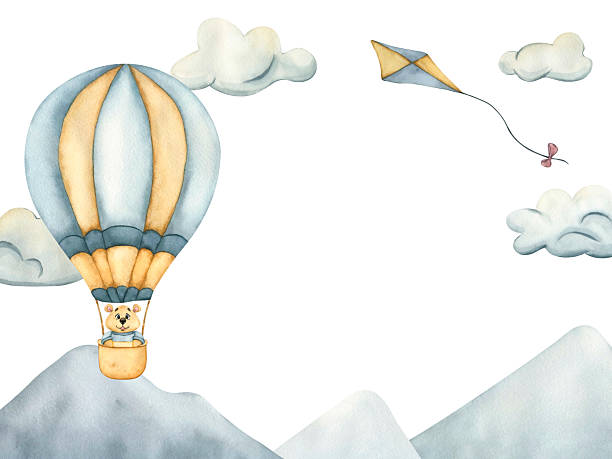 Watercolor Frame with hot air balloon in white clouds above a mountain range. Frame Template with Copy Space. Template kids greeting card. Drawing airship for kids goods, nursery, children's room.
