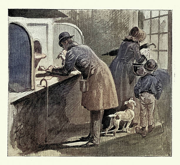 Man filling out a form sending a letter in a post office, Vintage illustration 19th Century 1893