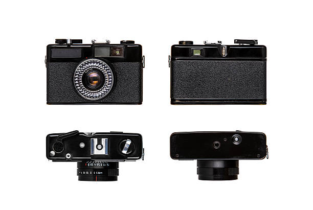 Vintage black rangefinder film camera shown from four angles on a white background.
