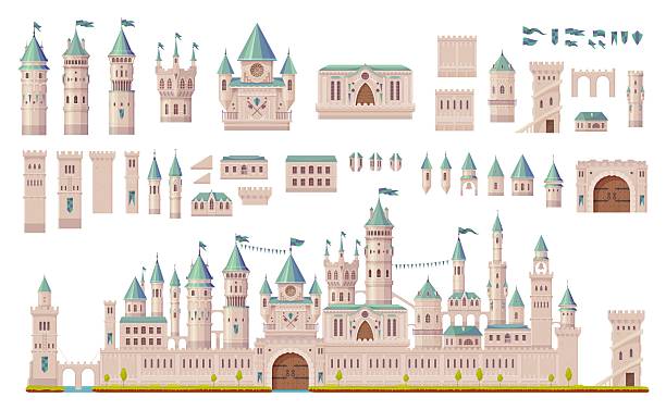 Medieval fortress towers, town and castle game constructor, vector ancient gates. Castle constructor of tower wall and turret stone building of king palace, arched bridge and fort rooftops with spires
