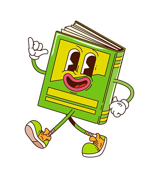 Book hippie groovy character. Isolated cartoon vector lively, retro notebook or textbook personage with green cover, expressive eyes and cheerful friendly smile, showing shaka gesture with fingers