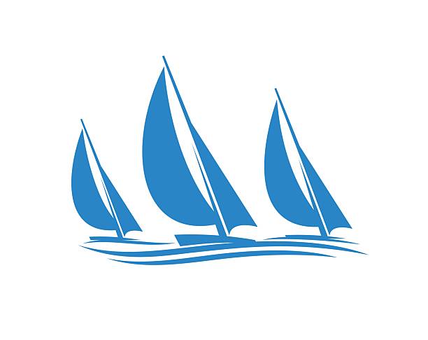 Sail yachts on regatta icon for yachting sport club with sailboats on waves, vector badge. Three yachts sailing on ocean or sea waves, blue silhouettes symbol for marine or nautical sport club