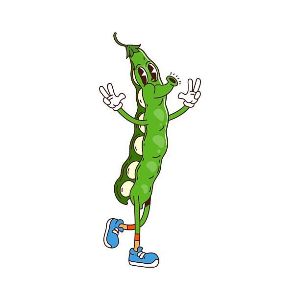 Cartoon raw ripe bean pod funky groovy hippie vegetable character. Isolated vector cheerful green bean pod retro personage with expressive eyes, wearing vintage sneakers and funky hippie y2k vibes