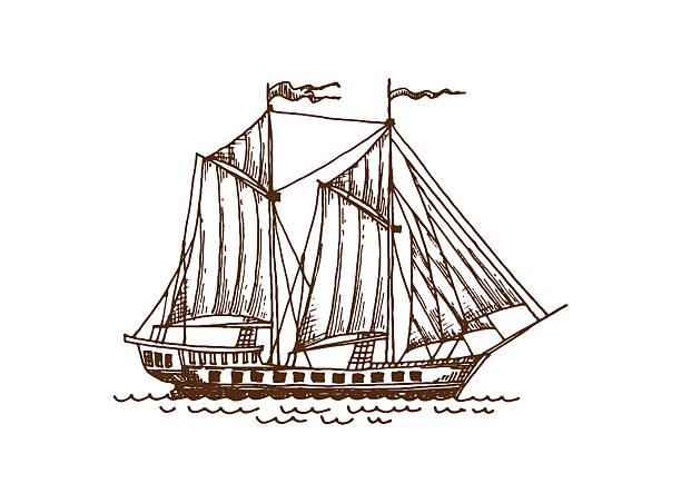 Vintage pirate sail ship and old wooden warship, European wooden galleon and warship sketch. Retro vector black and white sketch for storytelling, educational materials, or nautical decor