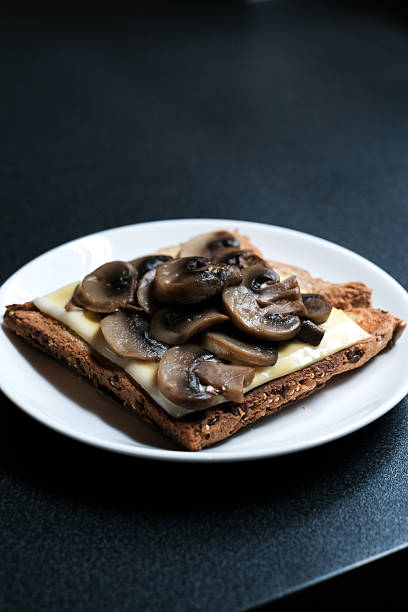 homemade toasted sandwich with cheese and brown mushrooms on black table.