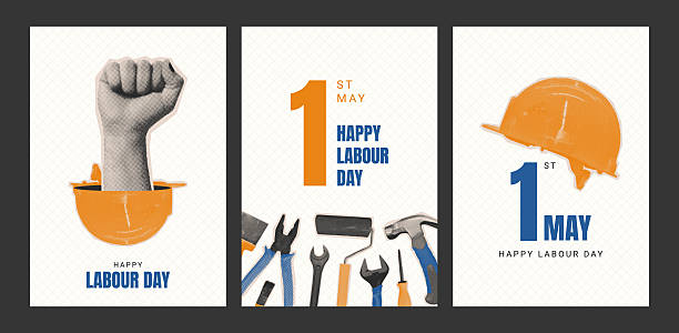Happy Labour Day May 1st poster set. Halftone collage social media post banner design. Paper cut out construction tools, hands. Labor day safety hard contemporary background. Vector trendy design