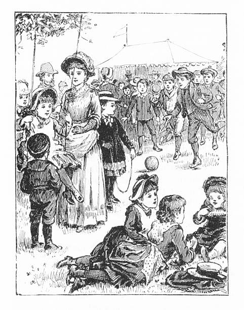 Children swing, jump rope, and play at a fair. Illustration published 1886.  Original edition is from my own archives. Copyright has expired and is in Public Domain.