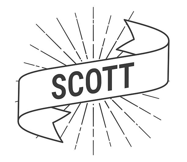 Scott - Male first name. Banner, ribbon, label with a thin black outline and light rays. Trendy black and white illustration isolated on a blank background for your own design. Vector Illustration (EPS file, well layered and grouped). Easy to edit, manipulate, resize or colorize. Vector and Jpeg file of different sizes.