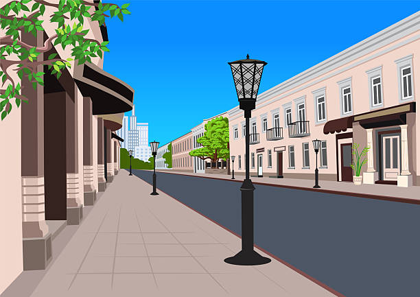An old street of a modern city with houses, small shops, a road, and sidewalks drawn in perspective. Hand-drawn vector illustration.