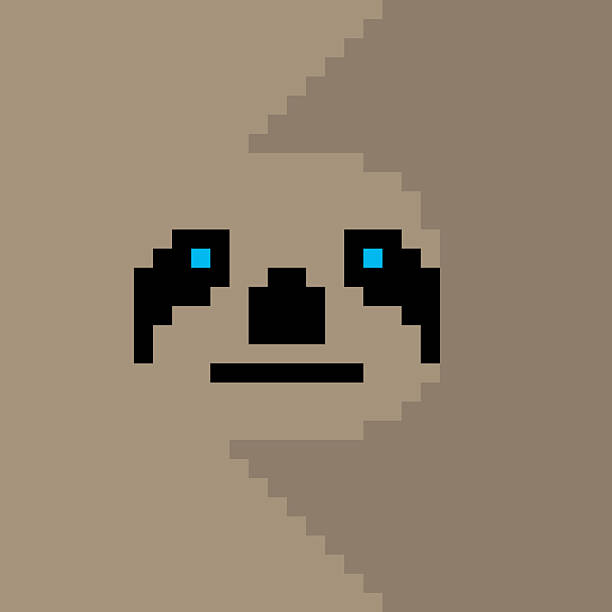 A sloth face is created using pixel art techniques. The design features blue eyes and a simple expression, set against a light brown background to highlight the face.