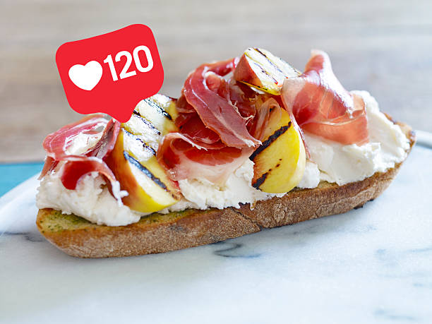 Gourmet Grilled Peach Prosciutto Whipped Cream Cheese on Toasted Bread Flat Lay Food Photography