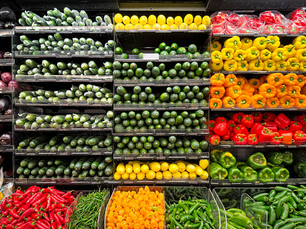 Colorful Bell Peppers Cucumbers Tomatoes Vegetable Supermarket Display Shelf