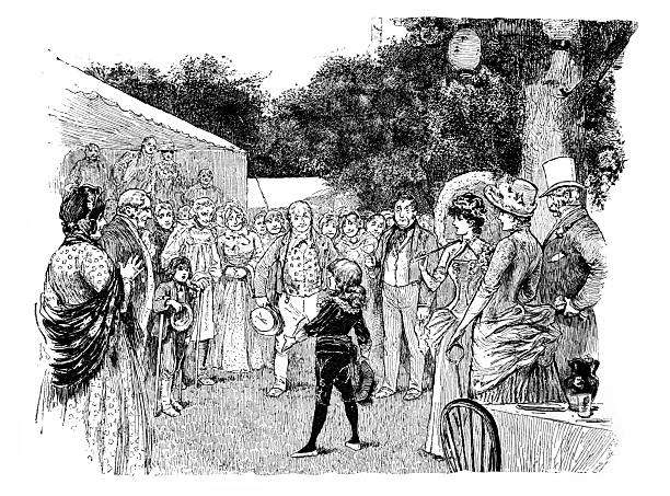 At the center of the image, the boy stands confidently in his signature black velvet suit with a wide lace collar, his back partly to the viewer as he faces the group. The gathering includes men, women, and children of various social classes, representing the tenants of the Earl of Dorincourt's estate. The event appears to be an outdoor garden party or community gathering, indicated by a large tent in the background and Chinese-style lanterns hanging from the trees. A table with a pitcher and glasses is visible in the lower right foreground.