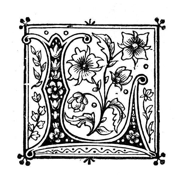 The letter is heavily adorned with intricate floral motifs, leaves, and vine patterns within a rectangular frame. Style: It resembles antique initial letters commonly used in illuminated manuscripts or early printed books. Usage: Such designs are frequently used in digital scrapbooking, graphic design, or as royalty-free clip art for various projects.