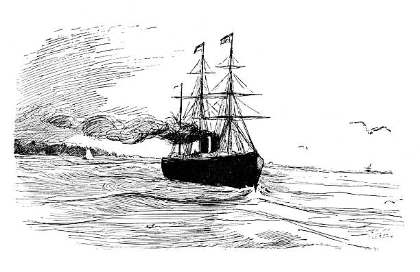 The image shows a hybrid steam-and-sail ship, typical of the late 19th century. It features three tall masts with rigging alongside a central funnel billowing dark smoke, representing the transition from traditional sailing to modern steam power. Seagulls fly alongside the ship as it leaves the American coastline behind, moving into the open sea. The fine, horizontal line-work creates the texture of the churning wake and the vastness of the ocean.