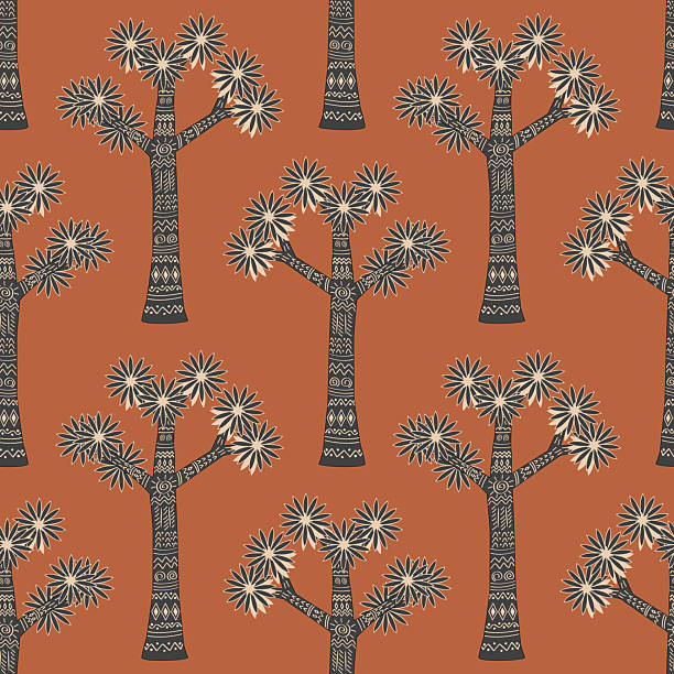 Doodle patterned Joshua tree seamless pattern. Yucca plant ornamented in tribal indigenous style, desert symbol of American southwest. Vector hand drawn illustration.