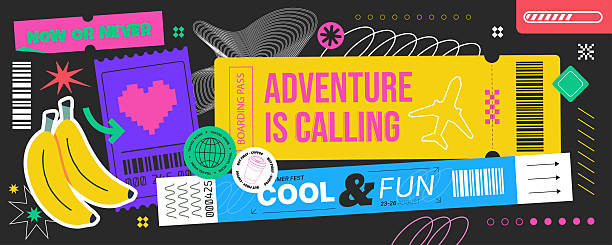Colorful travel tickets and boarding pass collage with stickers and stamps. Adventure is calling slogan. Y2K retro neon style groovy 90s aesthetic. Trendy vector sticker set