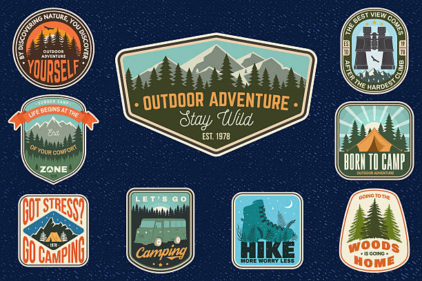 Camping lifestyle stickers set, retro vintage outdoor decals with quotes, forest, mountains and travel adventure patches. Vector.
