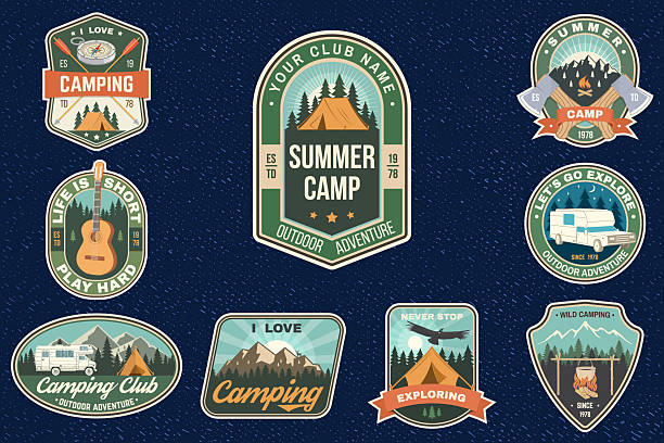 Camping stickers set, retro vintage outdoor adventure decals with camp, guitar, mountains and forest patches. Vector.