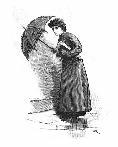 A woman wearing a raincoat and hat walks in the drenching rain holding papers and an umbrella. Illustration engraving published 1886. Original edition is from my own archives. Copyright has expired and is in Public Domain.