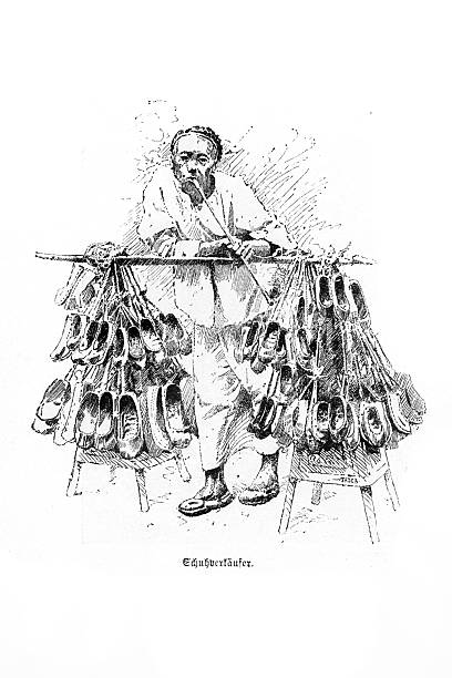 A 19th-century engraving depicts a shoe seller with a pipe, smoking, standing behind his wares. He is wearing traditional clothing, and the image is a full view in black and white.