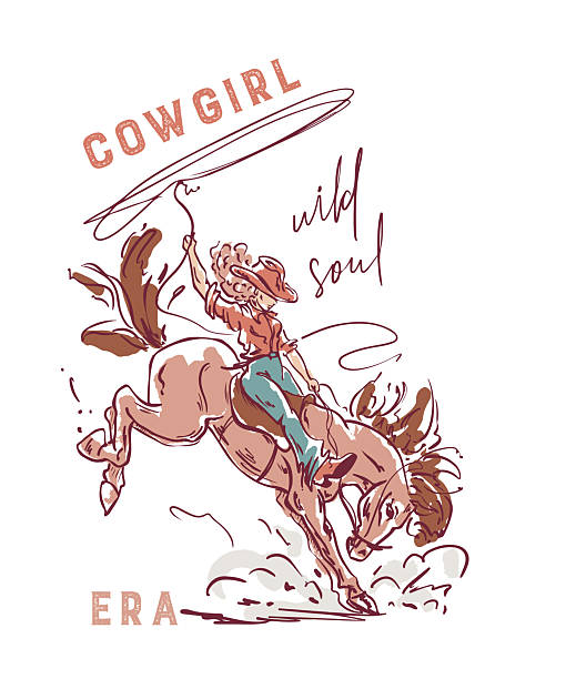 Cowgirl riding bucking horse with lasso hand drawn print. Wild soul typography. Western blond girl, cowboy hat and t-shirt. Rodeo. West desert lifestyle. Sketch for t-shirt, home decor and poster