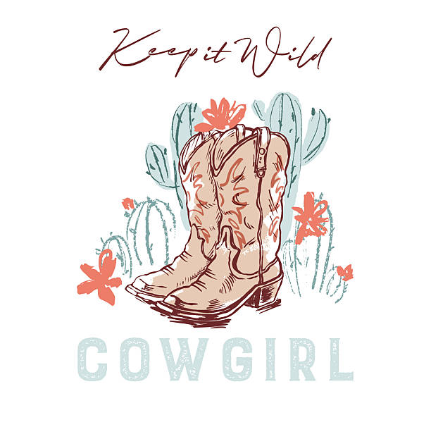 Cowgirl boots hand drawn. Western cowboy shoes. Keep it wild typography. Sketch rodeo horsesoe for t-shirt prints, home decor and poster. American desert ranch lifestyle
