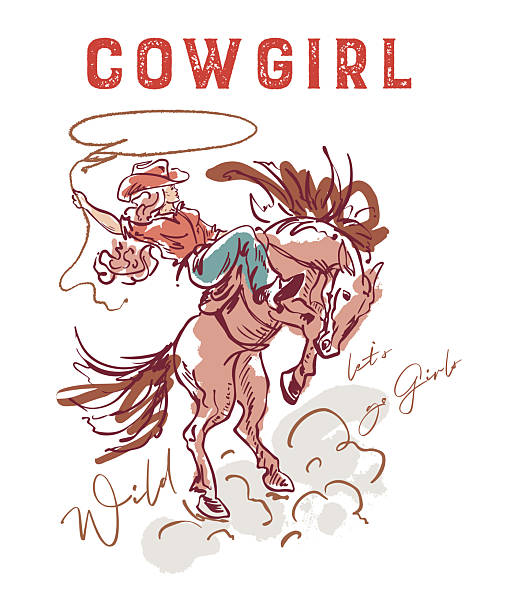 Cowgirl riding bucking horse with lasso hand drawn print. Wild soul typography. Western blond girl, cowboy hat and t-shirt. Rodeo. West desert lifestyle. Sketch for t-shirt, home decor and poster. Vector illustration