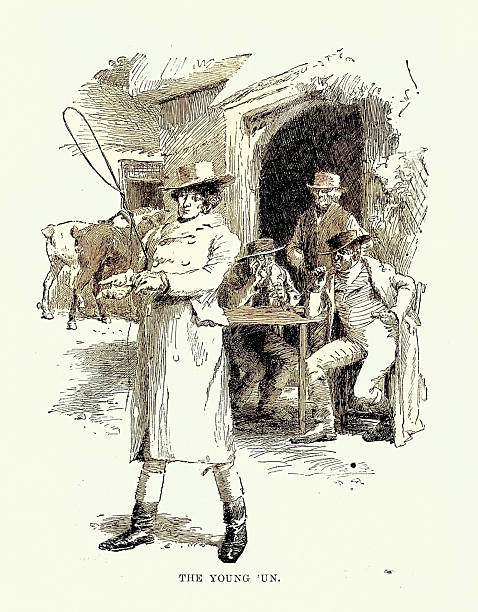 Coach driver and men drinking and smoking outside a coaching Inn, Vintage illustration, Victorian, 1890s,