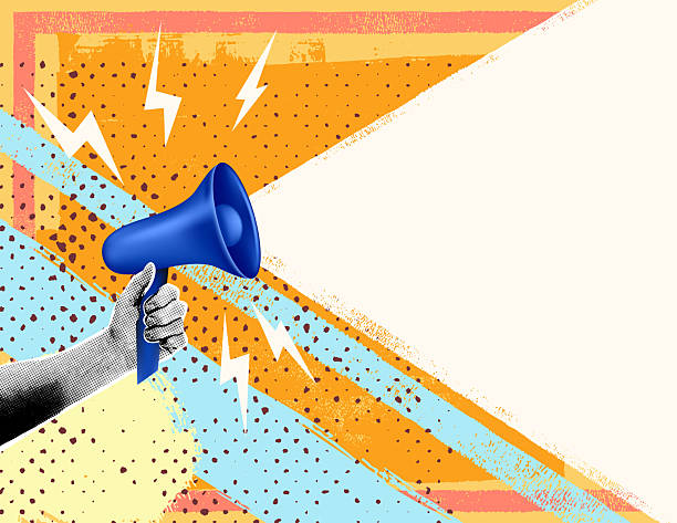 Collage Style Communication Concept. Hand Holding A Megaphone With Lots of Texture And Copy Space