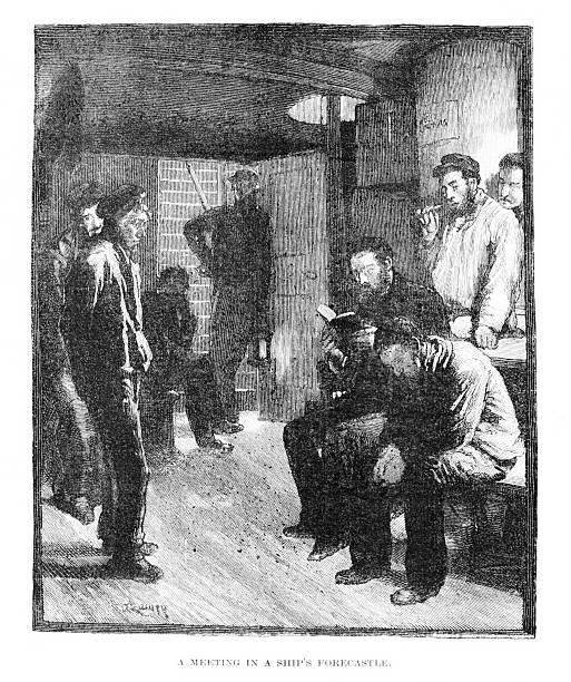 Sailors study the Bible as a group, England, UK. Illustration engraving published 1886. Original edition is from my own archives. Copyright has expired and is in Public Domain.