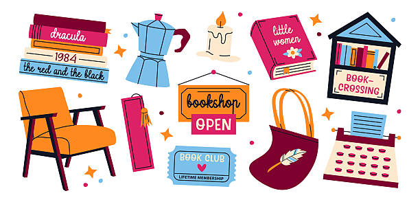 Set of bookshop elements. Cozy attributes of book store: chair, coffee, books, typewriter, candle and other. Vector library stickers isolated on a white background
